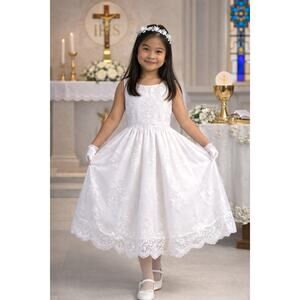 NEW Girls First Holy Communion Dress Size 10 - Corded Emb Lace Tulle Tea-Length